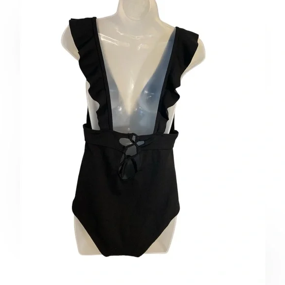 SHEIN deep v-neck ruffled one-piece swimsuit, lace up back, size XL - Picture 4 of 8